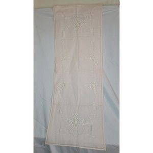 Pale pink white Embroidered Linen Table runner Vintage floral 14.5 x 40"